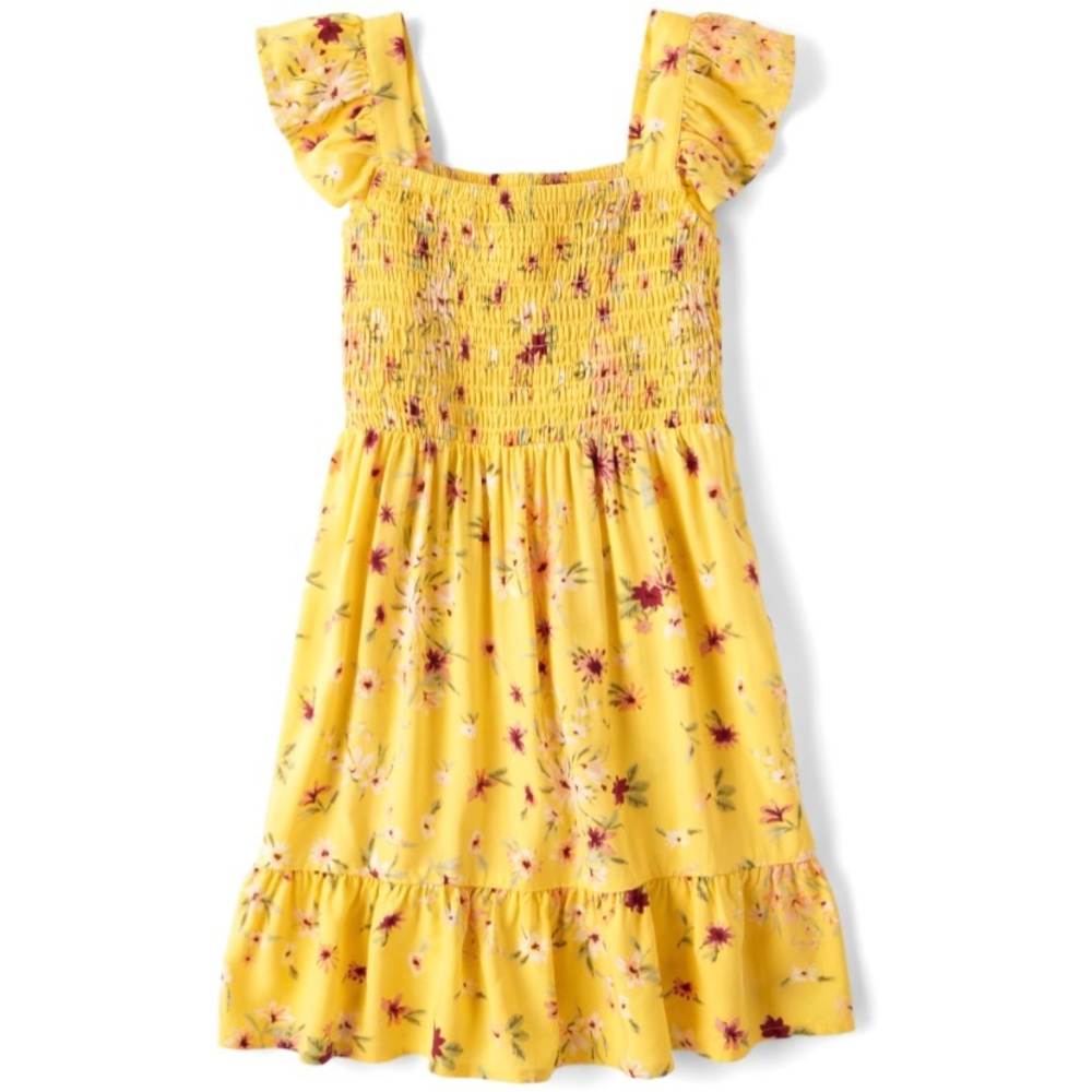 The Children’s Place Girls Floral Smocked Ruffle Dress - Banana Pudding Large